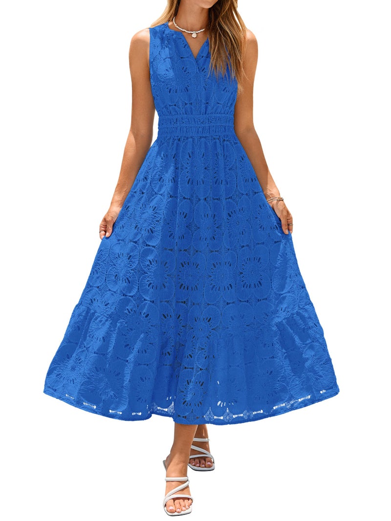 Simplee Women Summer Lace Eyelet Maxi Dress 2026 Sleeveless Casual V Neck A Line Boho Flowy Beach Wedding Guest Long Dresses Royal Blue L - Image 1