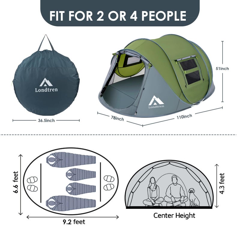 Londtren Pop Up Tents for Camping 4 Person Waterproof Military Popup Tent Camping Easy Up Camping Tents Instant Pop Up Tent Big Green - Image 2