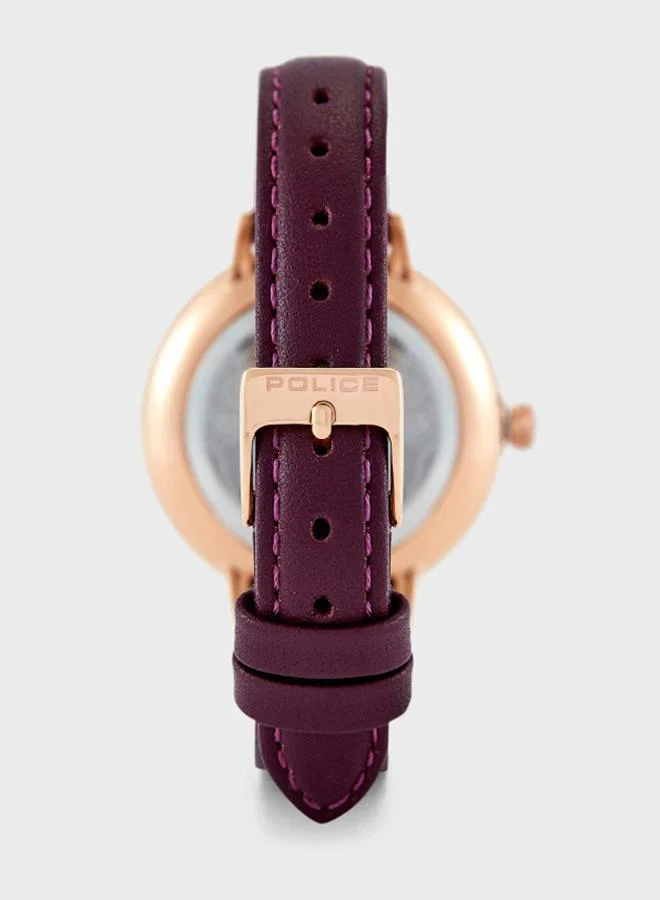 POLICE Women's Miona Round Shape Leather Band Analog Wrist Watch 36 mm - Burgundy