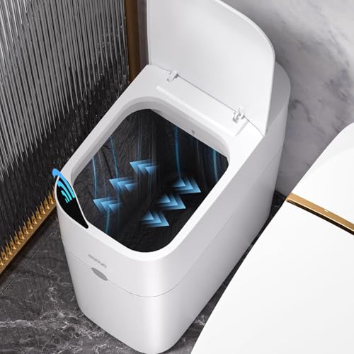 MOPUP Bathroom Trash Can Automatic Bagging Garbage Can 35 Gallon Slim Smart Small Plastic Trash Bin Narrow Motion Sensor Trash Can for Bedroom Office White