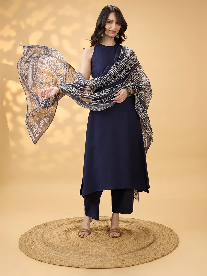 Globus Women Indigo Halter Neck Side Slit A-Line Kurta With Pants & Ethnic Print Dupatta Set