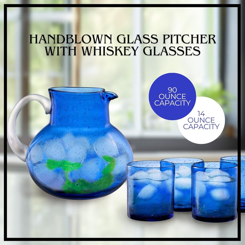 Artland Iris 90oz Handcrafted Pitcher  14oz Double Old Fashion Glass Set of 4  LeadFree Bubble Drinkware for Elegant Dining  Serving  Ideal for Water Cocktails Juice Gatherings Cobalt Blue - Image 2