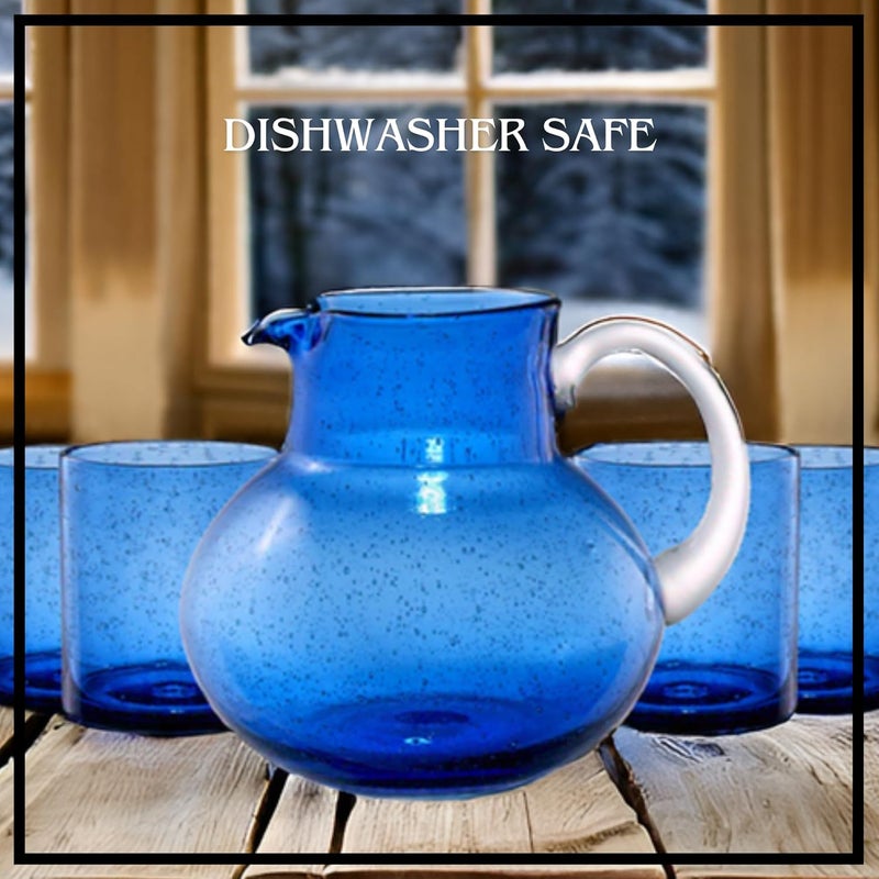 Artland Iris 90oz Handcrafted Pitcher  14oz Double Old Fashion Glass Set of 4  LeadFree Bubble Drinkware for Elegant Dining  Serving  Ideal for Water Cocktails Juice Gatherings Cobalt Blue - Image 5