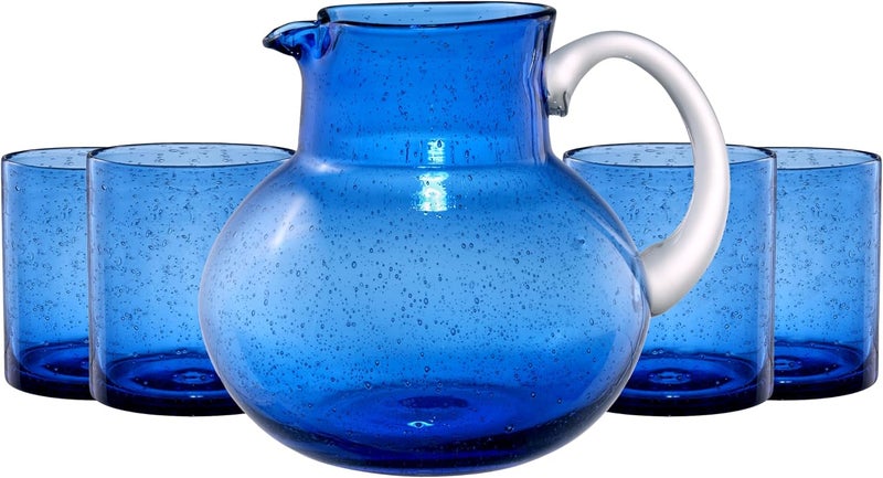 Artland Iris 90oz Handcrafted Pitcher  14oz Double Old Fashion Glass Set of 4  LeadFree Bubble Drinkware for Elegant Dining  Serving  Ideal for Water Cocktails Juice Gatherings Cobalt Blue - Image 1