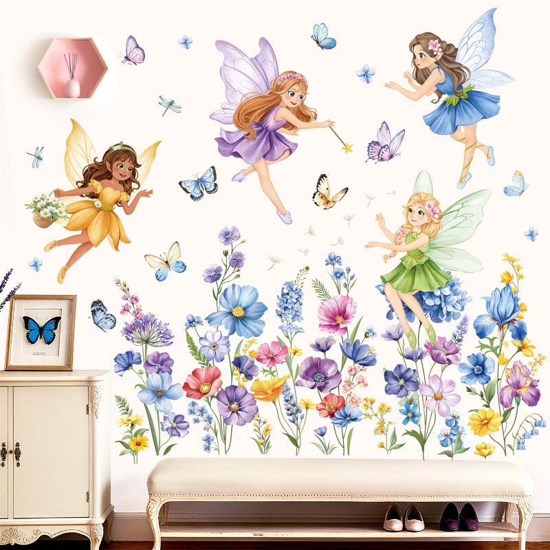 decalmile Purple Flower Fairy Wall Stickers Watercolor Floral Butterfly Elf Wall Decals Baby Nursery Bedroom Girls Room Home Decor - Image 3