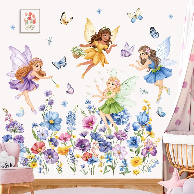 decalmile Purple Flower Fairy Wall Stickers Watercolor Floral Butterfly Elf Wall Decals Baby Nursery Bedroom Girls Room Home Decor - Image 2