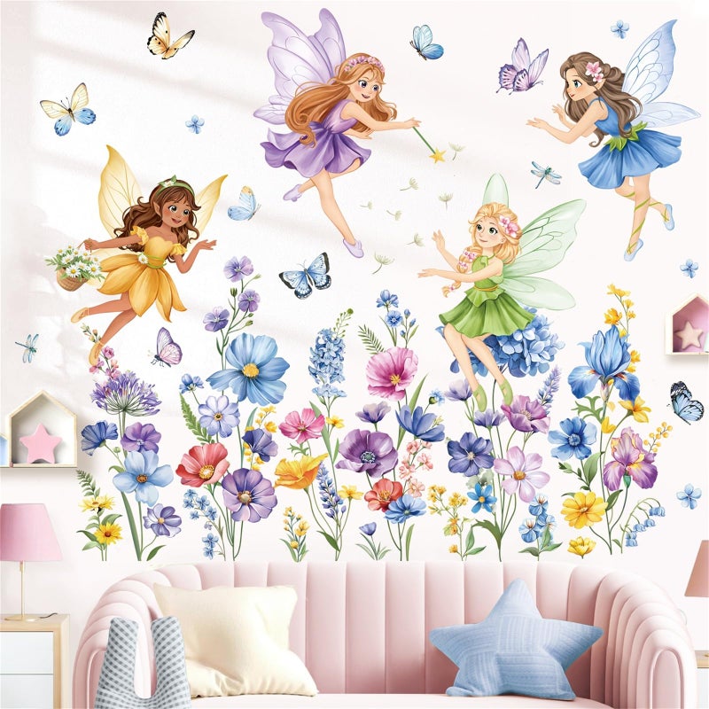 decalmile Purple Flower Fairy Wall Stickers Watercolor Floral Butterfly Elf Wall Decals Baby Nursery Bedroom Girls Room Home Decor - Image 1