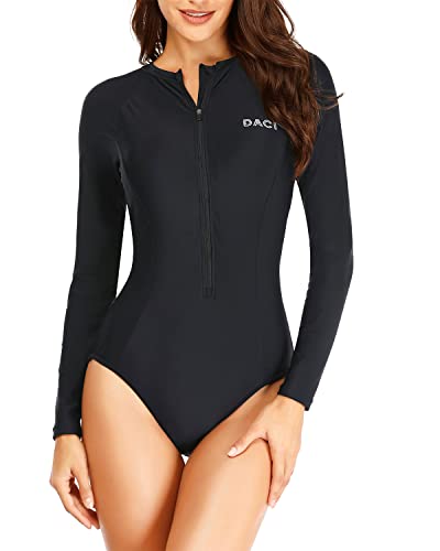 Daci Women Black-1 Rash Guard Long Sleeve One Piece Swimsuit Zipper Surfing Bathing Suit UPF 50 M - Image 1