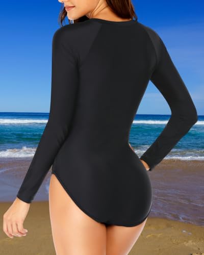 Daci Women Black-1 Rash Guard Long Sleeve One Piece Swimsuit Zipper Surfing Bathing Suit UPF 50 M - Image 2