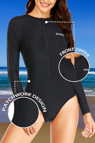 Daci Women Black-1 Rash Guard Long Sleeve One Piece Swimsuit Zipper Surfing Bathing Suit UPF 50 M - Image 5