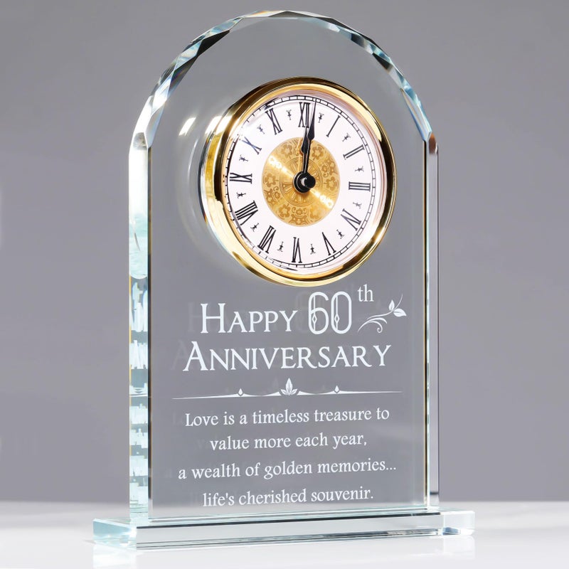 YWHL YWHL Happy 60th Anniversary Quartz Clock Gifts for Parents Grandparents 60 Year Wedding Anniversary Glass Keepsakes Gifts for Couple 60th Marriage Party Decorations Battery not Included 