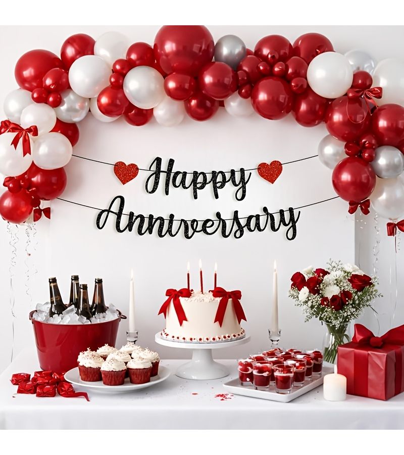 Pre Strung Happy Anniversary Banner Black Glitter Script Wedding Party Decorations 6 Ft Strands Garland - Image 3