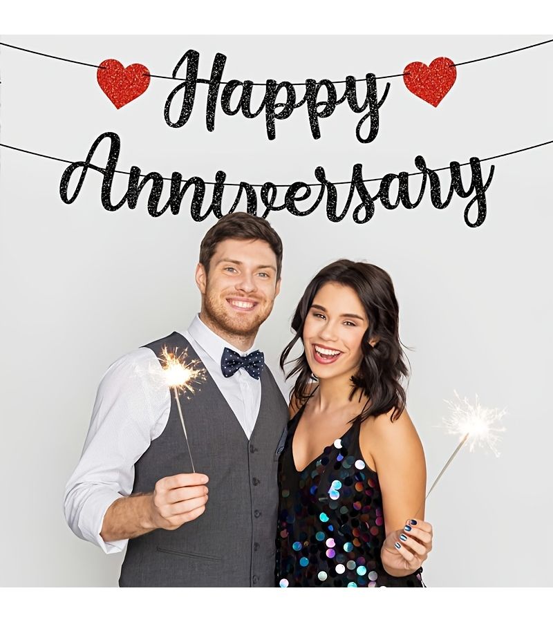 Pre Strung Happy Anniversary Banner Black Glitter Script Wedding Party Decorations 6 Ft Strands Garland - Image 1