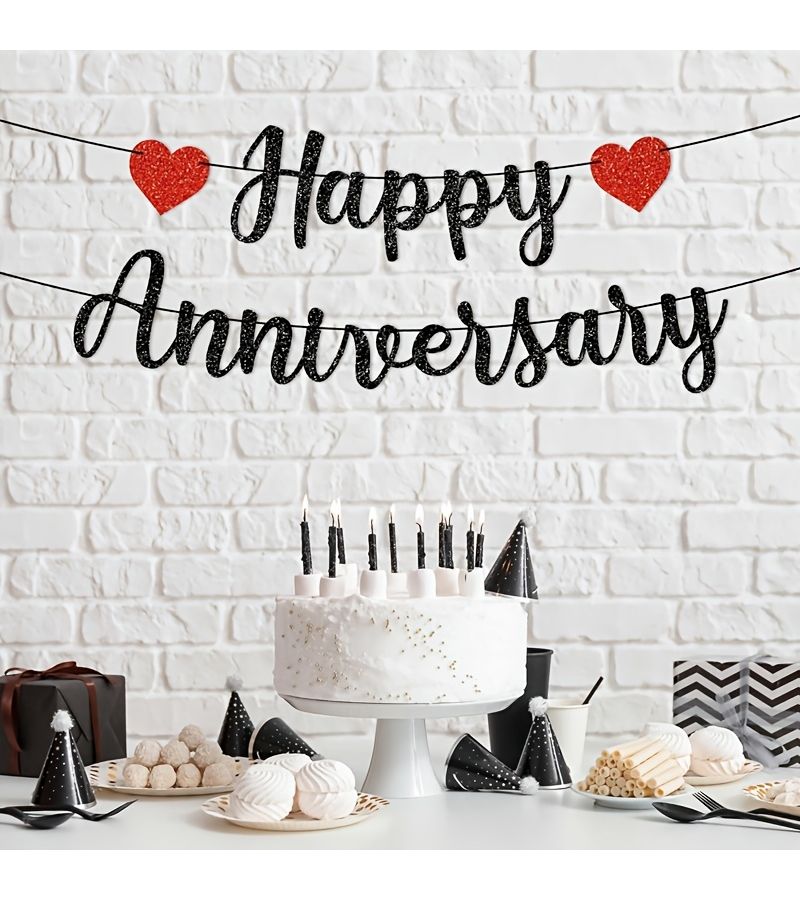 Pre Strung Happy Anniversary Banner Black Glitter Script Wedding Party Decorations 6 Ft Strands Garland - Image 5
