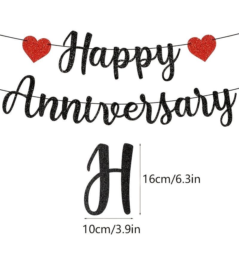 Pre Strung Happy Anniversary Banner Black Glitter Script Wedding Party Decorations 6 Ft Strands Garland - Image 2