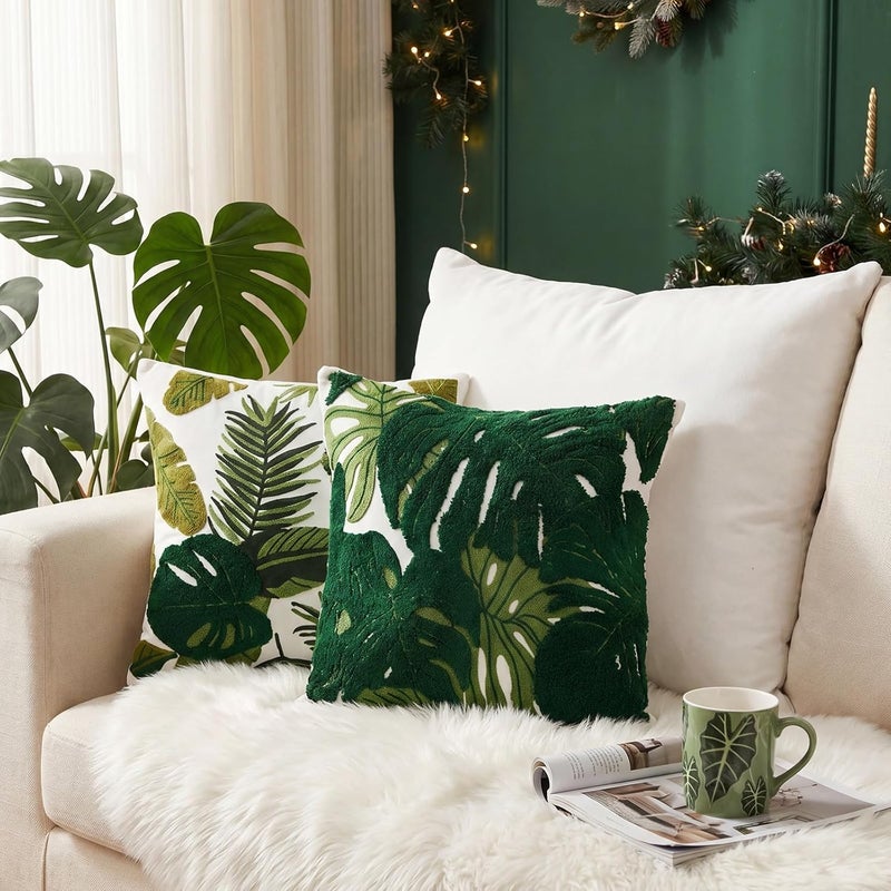 Gilprop 2 Pcs Embroidered Throw Pillow Covers 18 x 18 Inch Boho Square Decorative Pillow Covers Floral Leaf Plant Cushion Case for Bed Couch Sofa Bedroom Living Room Home Decor (Tropical Leaves) - Image 5