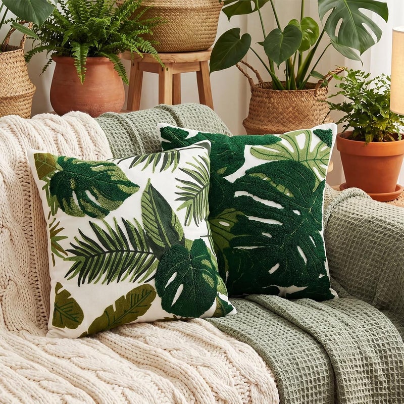 Gilprop 2 Pcs Embroidered Throw Pillow Covers 18 x 18 Inch Boho Square Decorative Pillow Covers Floral Leaf Plant Cushion Case for Bed Couch Sofa Bedroom Living Room Home Decor (Tropical Leaves) - Image 1