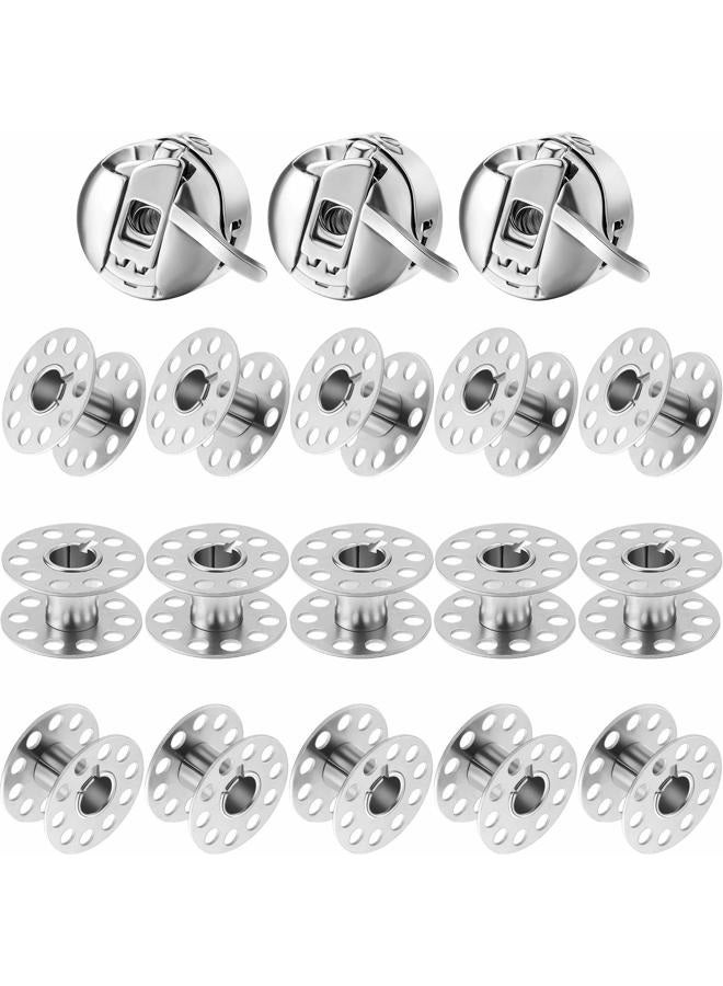 WILLBOND 3 Pieces Sewing Machine Bobbin Case and 15 Pieces Sewing Machine Bobbins Metal Sewing Bobbins for Craft Sewing, Compatible with Front Loading 15 Class Machines - Image 1