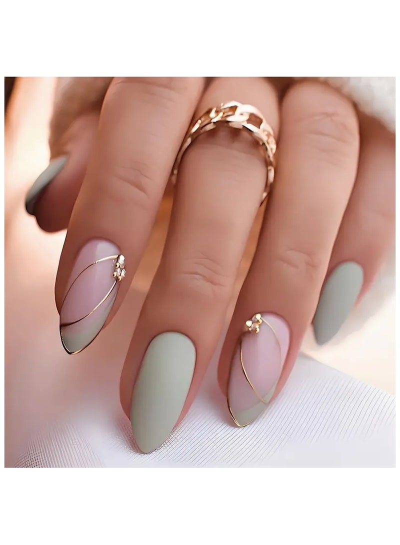 24 قطعة من أظافر الضغط على شكل لوز وردي رمادي، أظافر الضغط على أظافر معدنية كرومية، أظافر الضغط على أظافر يدوية الصنع لتزيين أظافر الربيع للنساء والفتيات - Image 1