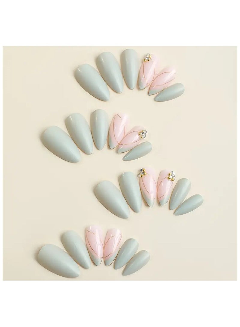 24 قطعة من أظافر الضغط على شكل لوز وردي رمادي، أظافر الضغط على أظافر معدنية كرومية، أظافر الضغط على أظافر يدوية الصنع لتزيين أظافر الربيع للنساء والفتيات - Image 2