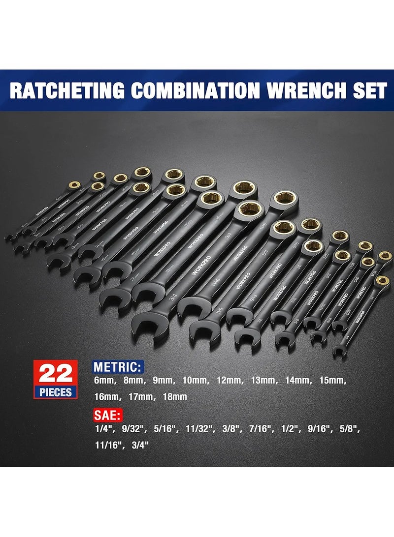 WORKPRO مجموعة مفاتيح ربط 22 قطعة، أسنان مضادة للانزلاق، مجموعات مفاتيح ربط مع صندوق تنظيم، مقياس 6-18 مم و SAE 1/4-3/4"، طلاء كهربائي أسود - Image 2