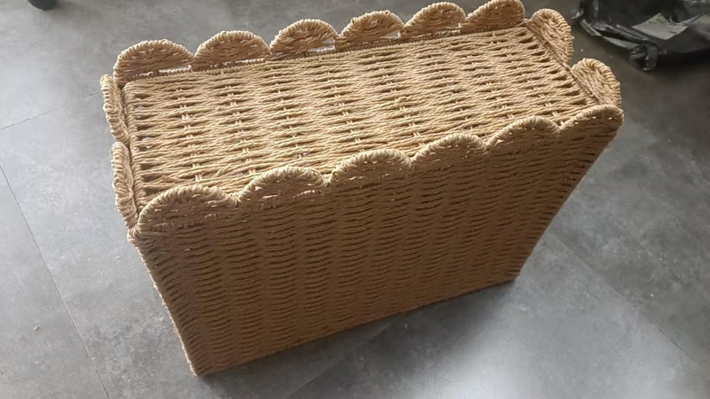 Narrow Wicker Toilet Paper Holder Basket with Lid, Scalloped Wicker Storage Basket with Lid,Woven Curve Basket,Rattan Bathroom Organizers and Storage Baskets- Holds Up to 9 Mega Rolls