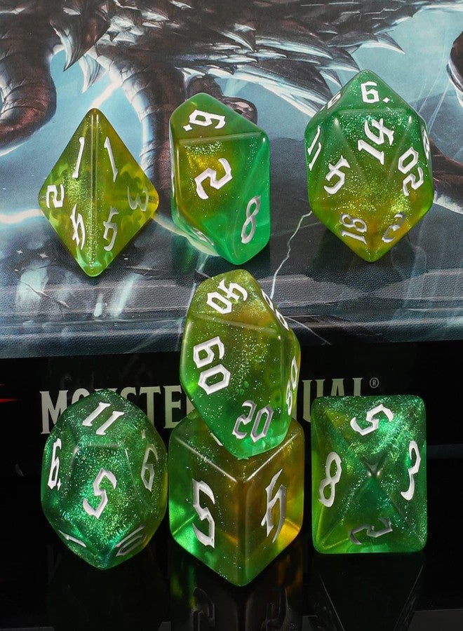 QMAY DND Dice Set -D&D Polyhedral Dice (7 Pcs) for Dungeons and Dragons (Pale Yellow and Green Glitter) - Image 4