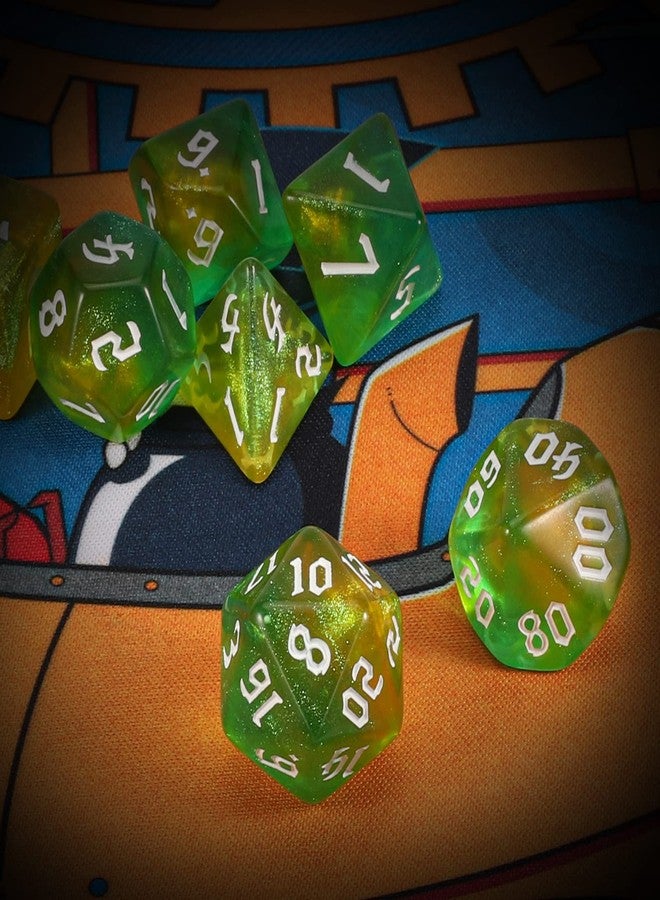 QMAY DND Dice Set -D&D Polyhedral Dice (7 Pcs) for Dungeons and Dragons (Pale Yellow and Green Glitter) - Image 3