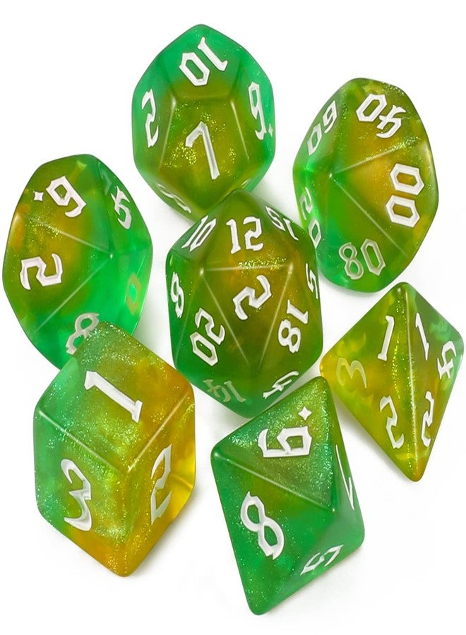 QMAY DND Dice Set -D&D Polyhedral Dice (7 Pcs) for Dungeons and Dragons (Pale Yellow and Green Glitter) - Image 1
