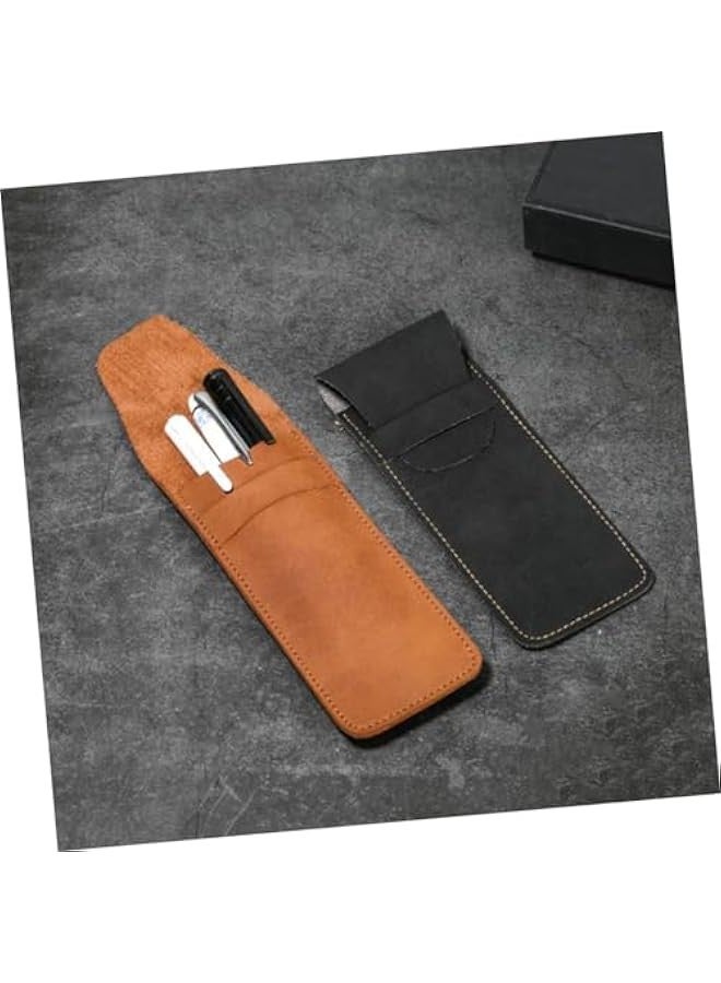Generic Leather Pencil Case Ballpoint Pens Pen Holder Ball Point Pens Two Pen Sleeve Pen Protective Cover Leather Pen Pouch Pen Bags Pen Bags Vintage Pu Clamshell Storage Bag 2pcs - Image 2