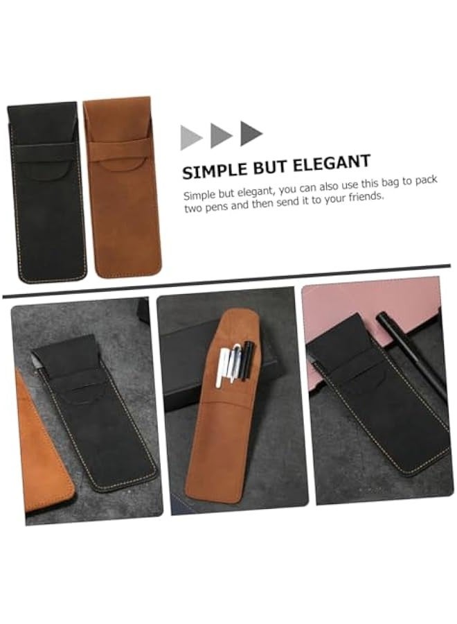 Generic Leather Pencil Case Ballpoint Pens Pen Holder Ball Point Pens Two Pen Sleeve Pen Protective Cover Leather Pen Pouch Pen Bags Pen Bags Vintage Pu Clamshell Storage Bag 2pcs - Image 3