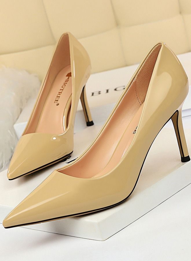 BIGTREE Shallow Mouth Pointed High Heel 8CM Beige - Image 1