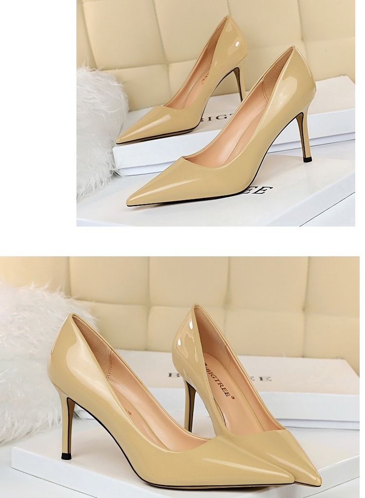 BIGTREE Shallow Mouth Pointed High Heel 8CM Beige - Image 2