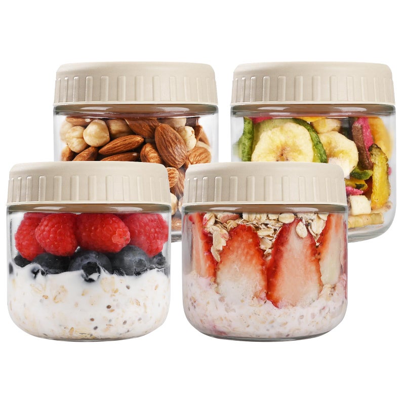 SHOWIN Overnight Oats Containers with Lids, 10oz Glass Jars with Lids 4 pcs, Apricot, Wide Mouth Mason jars for Salad, Yogurt, Snacks, Meal Prep - Image 1