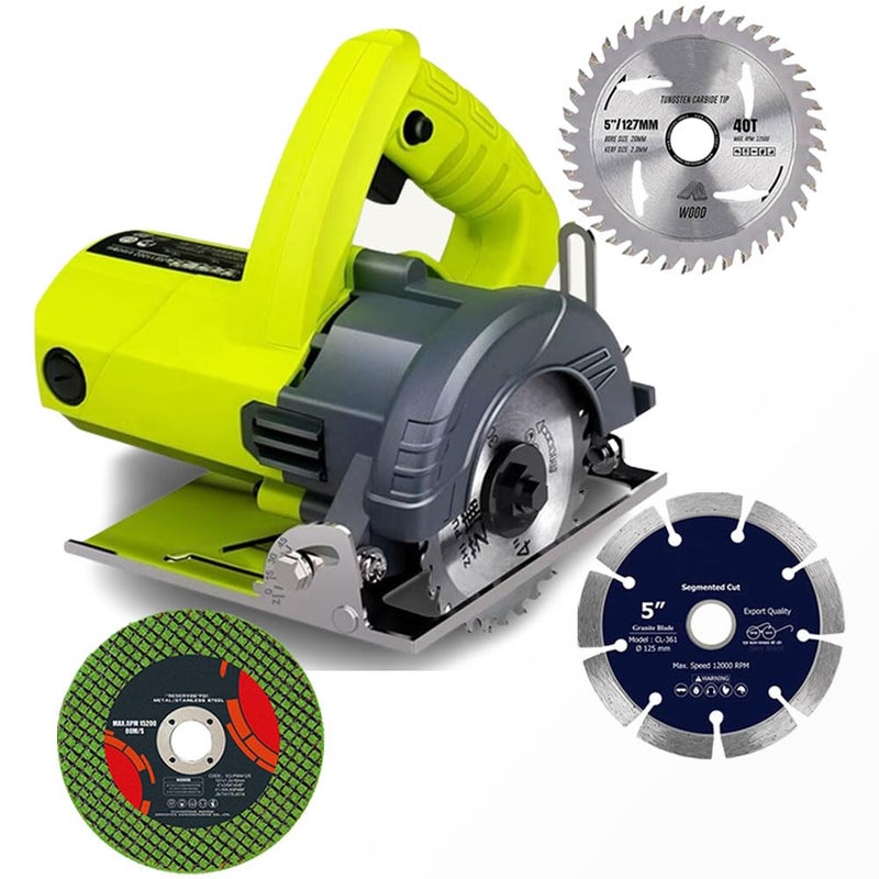 MLD MLD 5 inch height adjustable tiles cutter machine 1200W marble cutting machine With 3 Pieces WheelsDiscs for Cutting WoodMetalBrickMarble Size 125mm Plastic multicolor  - Image 1