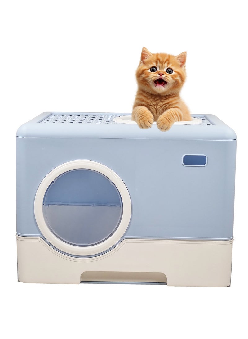 MAJIBAO Fully Enclosed cat litter box with Drawer, Litter scoop, and Sand filter holes, Anti-splashing cat toilet for indoor cats, Foldable cat litter box with Front entry and Top exit 52 cm (Blue)  - Image 1