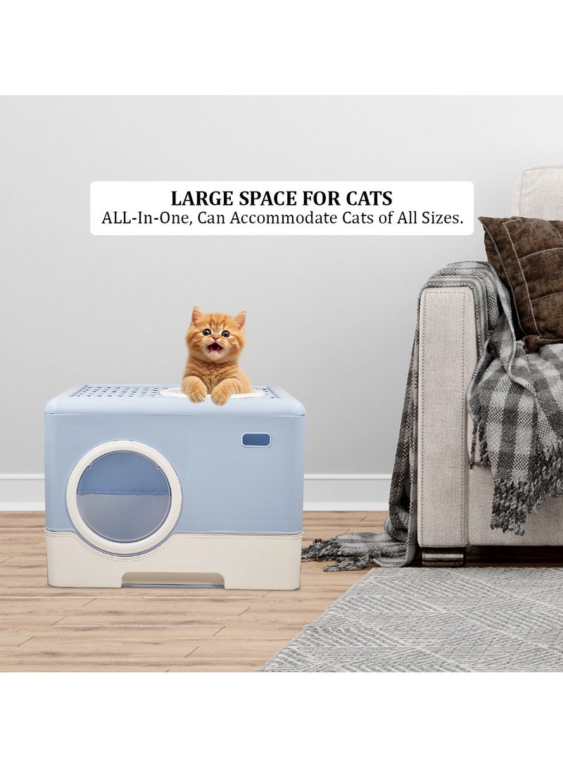 MAJIBAO Fully Enclosed cat litter box with Drawer, Litter scoop, and Sand filter holes, Anti-splashing cat toilet for indoor cats, Foldable cat litter box with Front entry and Top exit 52 cm (Blue)  - Image 5