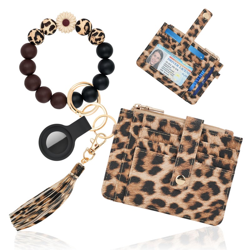 Sunpour Wallet Keychain Wristlet,Airtag Wristlet Wallet for Women RFID Credit Card Holder with boho beaded Cute Key Chains for Women(Leopard) - Image 1