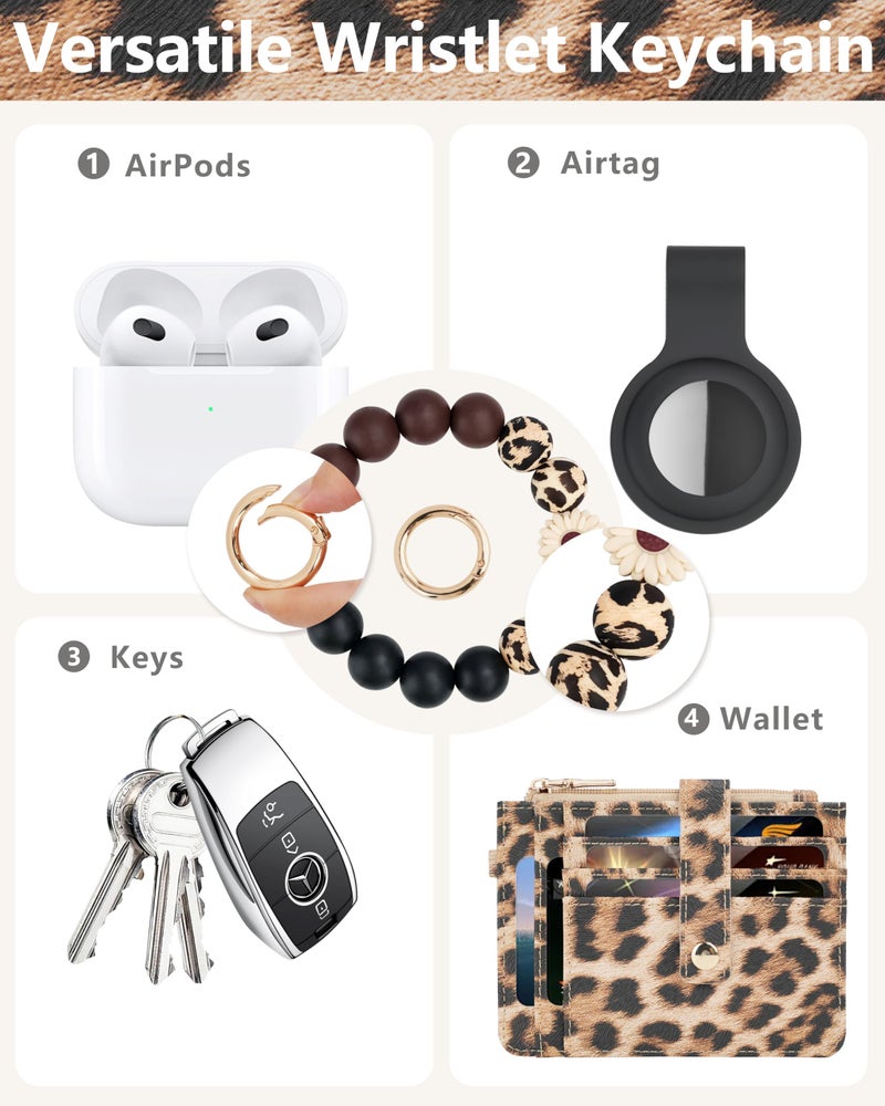 Sunpour Wallet Keychain Wristlet,Airtag Wristlet Wallet for Women RFID Credit Card Holder with boho beaded Cute Key Chains for Women(Leopard) - Image 4