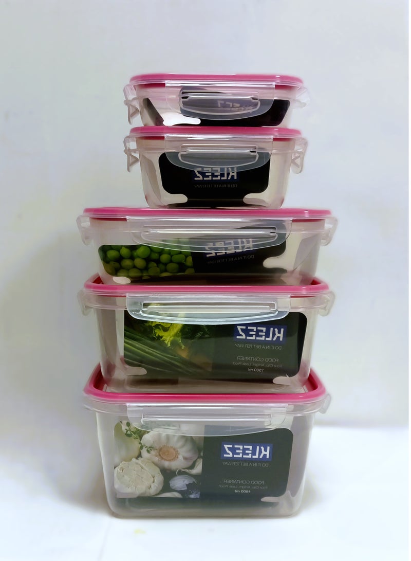 kleez Food Container Lunch Box Set of 5 – Airtight, Leak Proof, Four Clip Lids, 1600ml, 1300ml, 900ml, 450ml, 300ml – Durable Food Storage Containers - Image 2