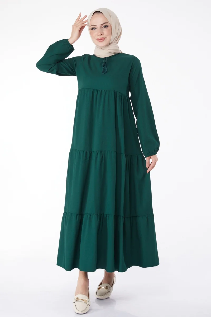 Tofisa Plain Judge Collar Women's Green Gathered Lace Detail Dress - 13145