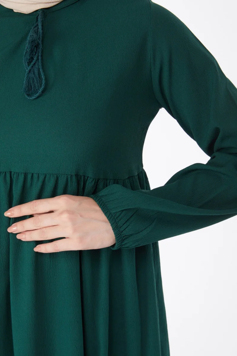 Tofisa Plain Judge Collar Women's Green Gathered Lace Detail Dress - 13145