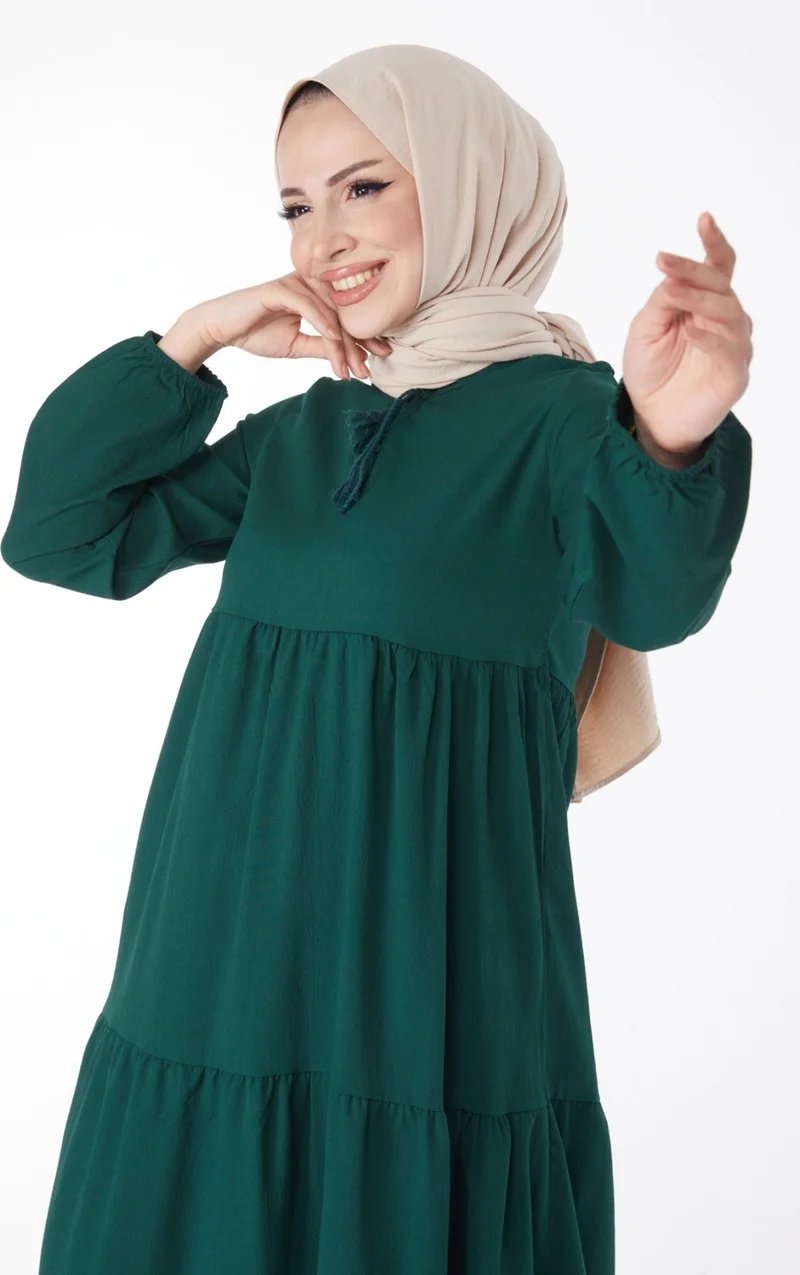 Tofisa Plain Judge Collar Women's Green Gathered Lace Detail Dress - 13145