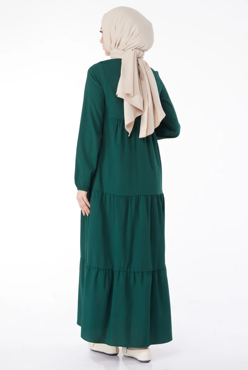 Tofisa Plain Judge Collar Women's Green Gathered Lace Detail Dress - 13145
