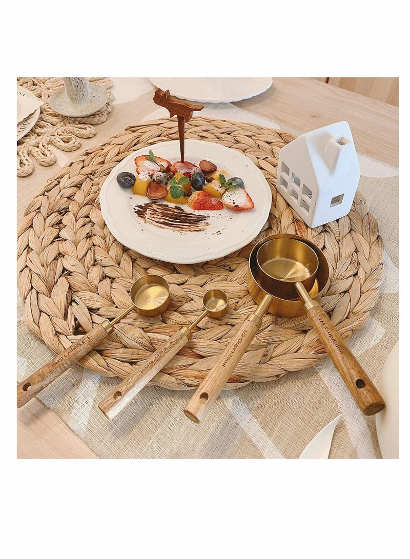 Excefore Measuring Cups and Spoons Set of 8, Golden Stainless Steel Measuring Cup with Wooden Handle, Kitchen/Food/Liquid/Baking - Image 2