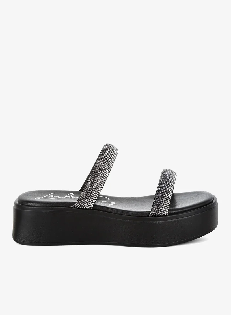 Chunky Rhinestone Platform Sandals in Black