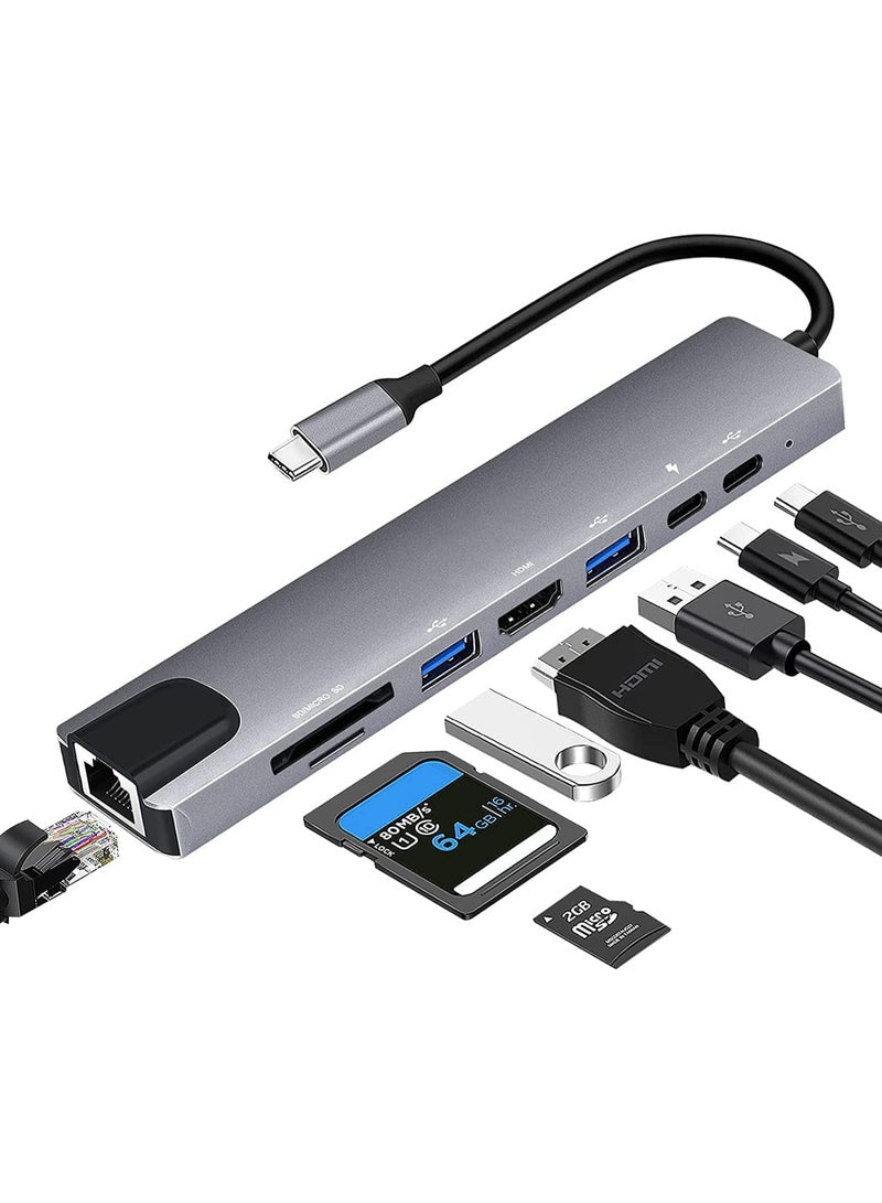 موزع USB-C، محول USB-C بثمانية منافذ مع منفذ HDMI بدقة 4K، ومنفذ إيثرنت RJ45، ومنفذ Type-C، ومنفذ Type-C PD، ومنفذ USB 3.0، ومنفذ USB 2.0، وقارئ بطاقات SD/TF، ​​يدعم أنظمة التشغيل Windows 10 و8.1 وMac OS وSurface Pro وLinux وChromebook وغيرها. - Image 1