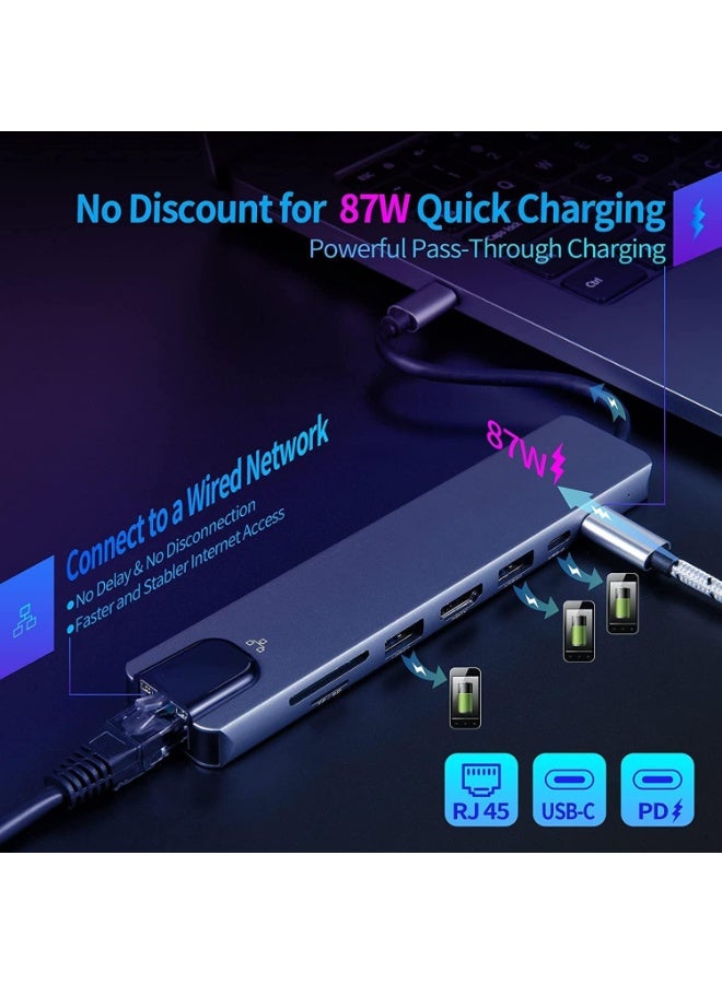 موزع USB-C، محول USB-C بثمانية منافذ مع منفذ HDMI بدقة 4K، ومنفذ إيثرنت RJ45، ومنفذ Type-C، ومنفذ Type-C PD، ومنفذ USB 3.0، ومنفذ USB 2.0، وقارئ بطاقات SD/TF، ​​يدعم أنظمة التشغيل Windows 10 و8.1 وMac OS وSurface Pro وLinux وChromebook وغيرها. - Image 5