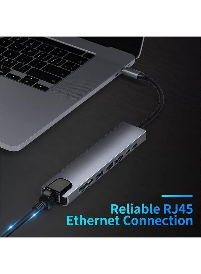 موزع USB-C، محول USB-C بثمانية منافذ مع منفذ HDMI بدقة 4K، ومنفذ إيثرنت RJ45، ومنفذ Type-C، ومنفذ Type-C PD، ومنفذ USB 3.0، ومنفذ USB 2.0، وقارئ بطاقات SD/TF، ​​يدعم أنظمة التشغيل Windows 10 و8.1 وMac OS وSurface Pro وLinux وChromebook وغيرها. - Image 3