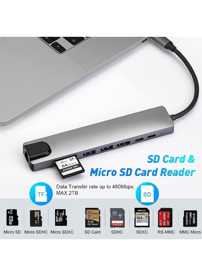موزع USB-C، محول USB-C بثمانية منافذ مع منفذ HDMI بدقة 4K، ومنفذ إيثرنت RJ45، ومنفذ Type-C، ومنفذ Type-C PD، ومنفذ USB 3.0، ومنفذ USB 2.0، وقارئ بطاقات SD/TF، ​​يدعم أنظمة التشغيل Windows 10 و8.1 وMac OS وSurface Pro وLinux وChromebook وغيرها. - Image 4
